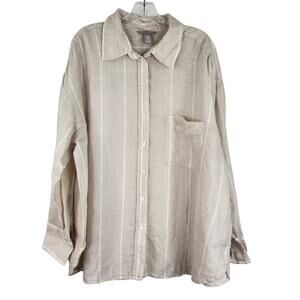 H&M Cream White Stripe Button Down Blouse Size XL 100% Linen Preppy Coastal